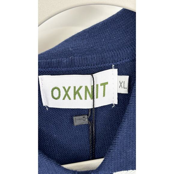 Oxknit Mens 60s Vertical Stripe Short Sleeve Knit Button Polo Mens XL Blue New - Picture 6 of 9